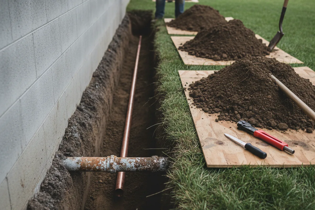 Excavated water line trench during Sewer Line Repair in Cook Springs